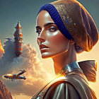 Fantasy steampunk illustration with woman, ship, and aircraft