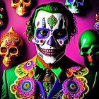 Colorful Day of the Dead makeup with decorated skulls and suit.