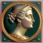 Classical female profile bas-relief with ornate jewelry on jade green background