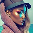 Colorful woman portrait with hat, glittery jacket, and ocean background.