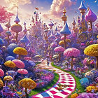 Colorful Fantasy Landscape with Mushroom Buildings and Checkered Path