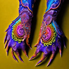 Fantastical dragon claws with vibrant colors on yellow background