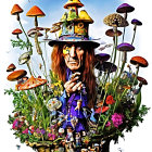 Colorful Illustration of Person with Fantastical Hat & Nature Elements