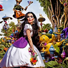 Colorful woman in whimsical dress with teacup and floating teapot in fantastical garden