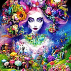 Colorful whimsical woman surrounded by floral and faunal elements on kaleidoscopic backdrop