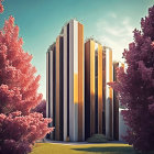 Contemporary building with vertical lines amidst pink flowering trees and clear sky