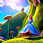 Colorful animated scene with woman in blue dress and man in fantastical landscape.