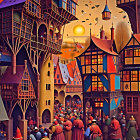 Colorful Medieval Festival Illustration with Townsfolk and Traditional Houses