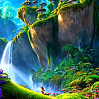 Colorful Mushroom Landscape with Waterfalls and Character