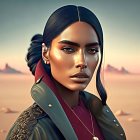 Digital portrait of woman with slicked-back hair, braid, military jacket, necklace, desert backdrop