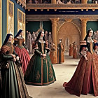 Renaissance women in elegant attire in a grand hall with ornate decor