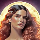 Digital illustration: Woman with wavy hair and celestial halo effect.