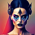 Fantasy makeup woman with green eyes and feline earpieces on warm gradient backdrop