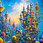 Colorful Underwater Scene with Fantastical Coral Castles and Marine Life