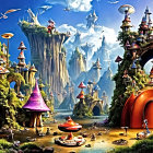 Fantasy landscape with floating islands, mushroom-shaped houses, waterfalls, and flying birds