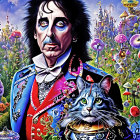 Vibrant illustration of man with dark hair in eccentric attire with cat in fantastical landscape