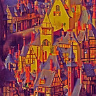 Colorful European Town Painting with Steep Roofs & Busy Streets