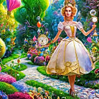 Whimsical Alice in Wonderland-themed woman illustration in colorful garden