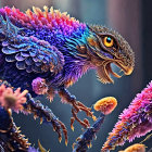 Colorful fantasy creature with feather-like scales and golden facial ornaments