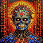 Colorful Skull Artwork with Glowing Red Eyes and Ornate Halo