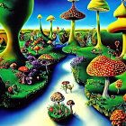 Colorful Mushroom Landscape Against Blue Sky