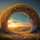 Surreal artwork: natural archway, yellow foliage, sunset, dreamy landscape.