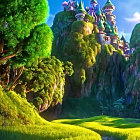 Fantasy landscape with lush greenery and enchanted castle on cliffs