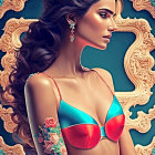 Digital artwork featuring woman with long hair, ornate earrings, and colorful bikini top on teal background