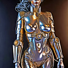 Detailed anthropomorphic female robot with golden and silver mechanical parts on dark background