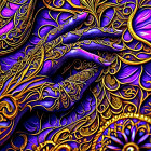 Detailed close-up of ornate, textured digital artwork featuring intricate purple and gold hand patterns.