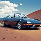 Vintage black convertible sports car in desert landscape