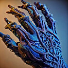 Detailed hand art with intricate patterns, organic and mechanical blend, cool blue tones