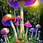 Colorful Fantasy Mushrooms with Ethereal Glow on Dark Background