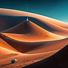 High-contrast surreal desert landscape with sand dunes, futuristic tower, and vehicles
