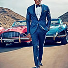 Stylish man in suit and bow tie by classic sports car on sunny day