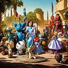 Colorful fantasy scene with woman, blue lion, and puppets in desert setting