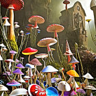 Fantasy forest scene with colorful mushrooms and castle under dramatic sky