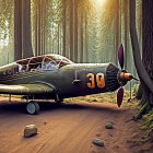 Vintage propeller aircraft in sunlit forest clearing