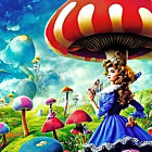 Fantastical woman in blue dress with whimsical creature and oversized mushrooms in vibrant landscape