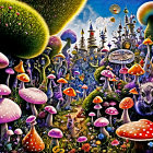 Colorful psychedelic landscape with mushrooms, plants, and whimsical structures