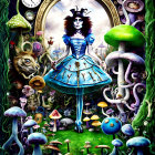 Colorful Alice in Wonderland scene with mushrooms, Cheshire Cat, and fantastical elements