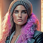 Portrait of woman with green eyes, knit beanie, leather jacket, ombre hair.