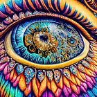 Colorful digital artwork: Eye with psychedelic, fractal patterns & feather textures