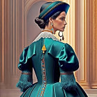 Elegant woman in teal vintage dress with gold detailing and lace collar.