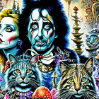 Vivid surreal illustration of pale woman, man with wild hair, cats, mushrooms, and candles