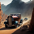 Vintage cars driving through desert canyon with towering rocky walls.