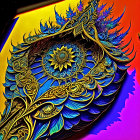 Colorful digital artwork: stylized feather with golden patterns and blue eye design