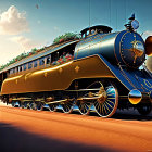 Vintage Golden Steam Train Travels Along Tree-Lined Track at Sunset