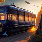 Vintage Blue Train with Golden Details in Autumnal Forest Scene