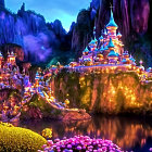 Fantasy landscape at night: glowing castle, waterfalls, river, illuminated flora